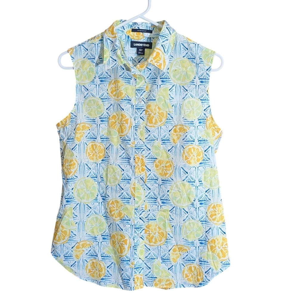 Lands End Sleeveless Top Citrus Print No Iron Supima Cotton Womens Twelve Petite